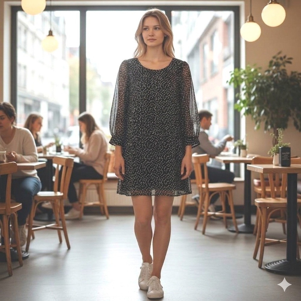 Polka Dot Chiffon Shift Dress Black White Boho-Chic smart-casual